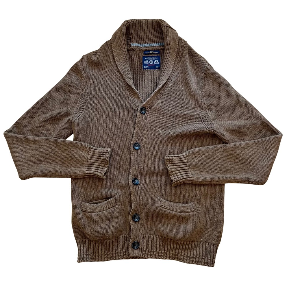 American Eagle Men Shawl Collar Cardigan Sweater Brown Athletic Fit Med Cotton